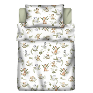 Safari cot bed bedding set with matching duvet cover and pillowcase, featuring cute jungle animals in soft neutral and sage tones for baby nursery decor.