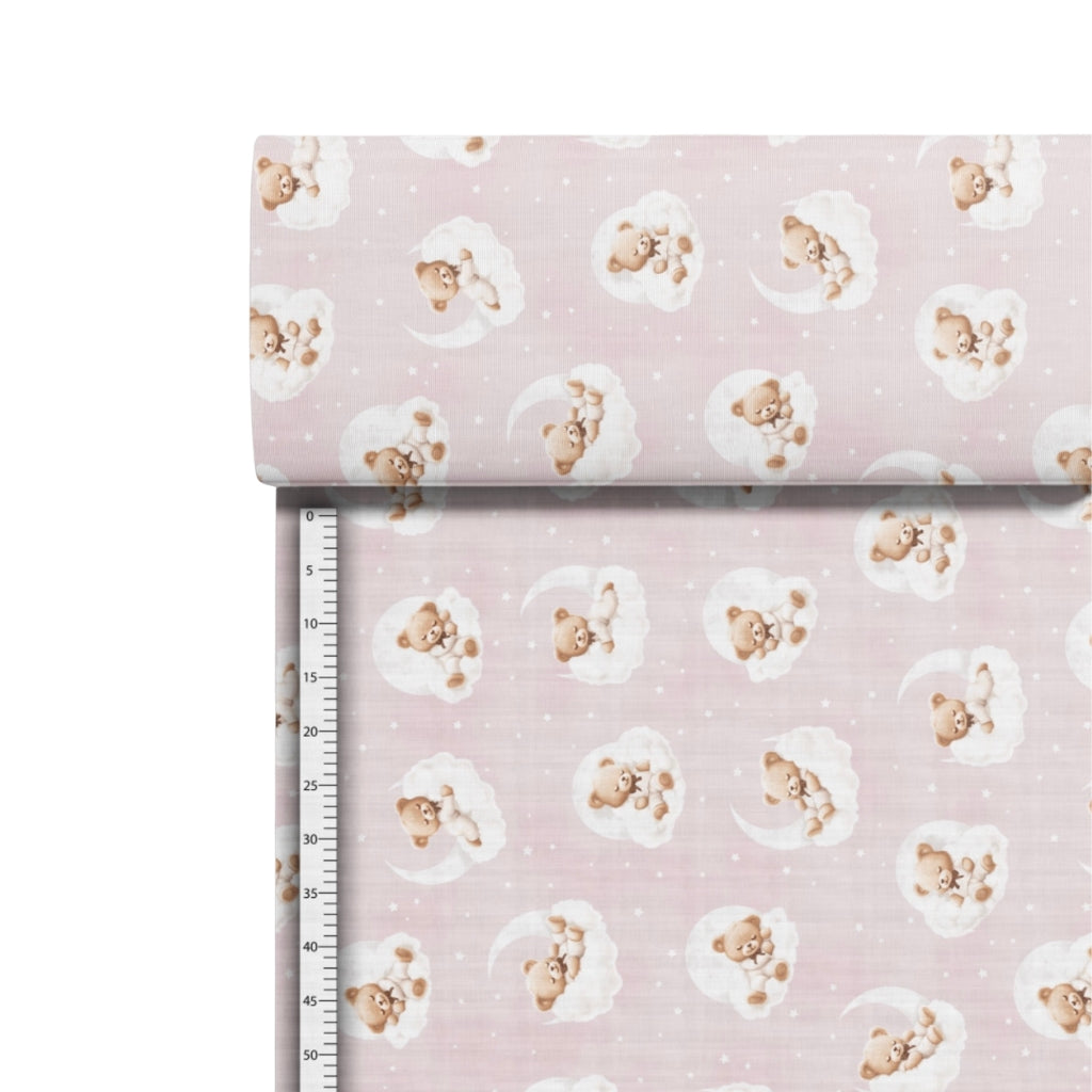 158cm wide sleepy teddy bear nursery cotton fabric, Oeko-Tex certified and available in soft pink and beige for UK baby sewing projects.