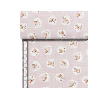 158cm wide sleepy teddy bear nursery cotton fabric, Oeko-Tex certified and available in soft pink and beige for UK baby sewing projects.