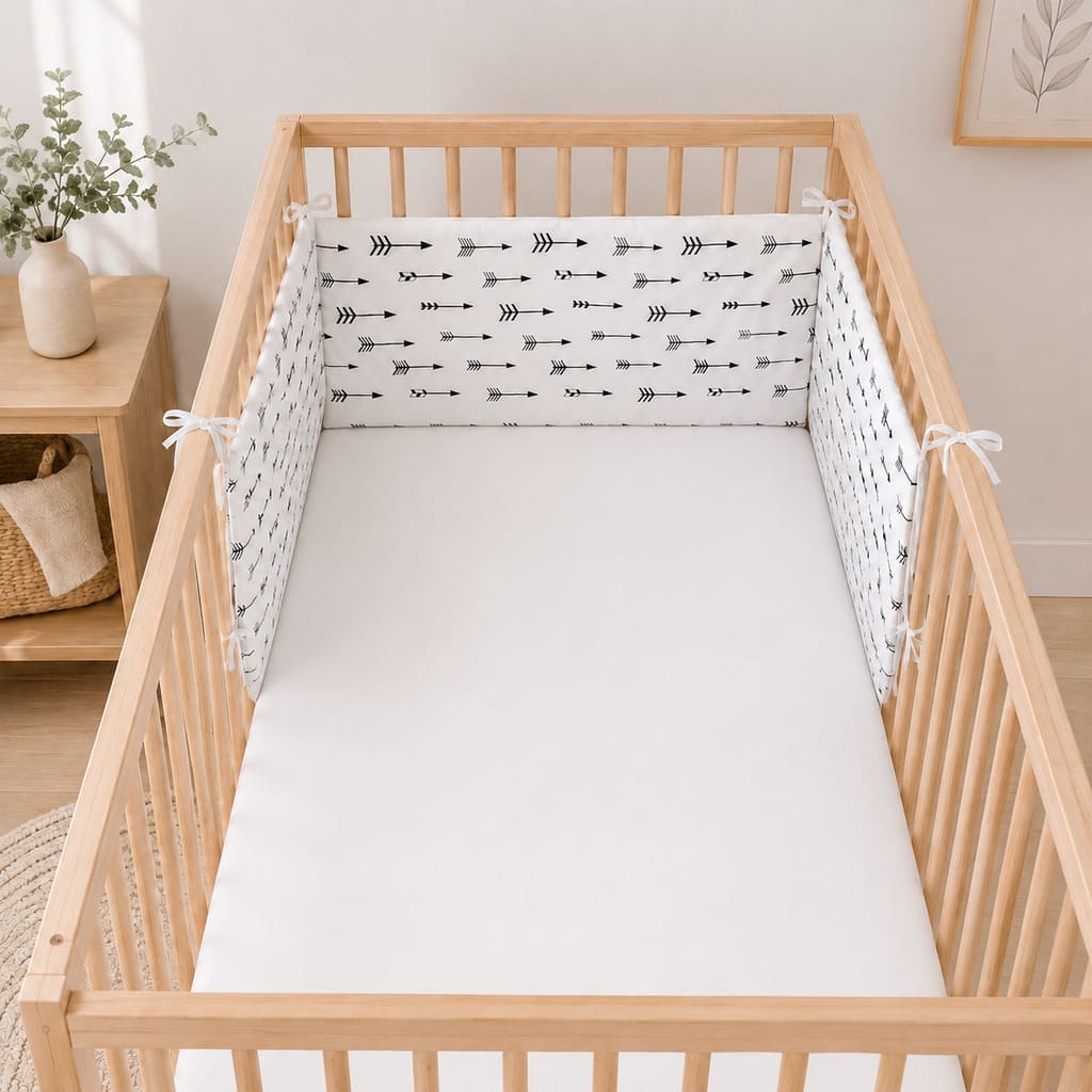 180 cm monochrome arrows decorative cot bumper with white ties on wooden cot , UK