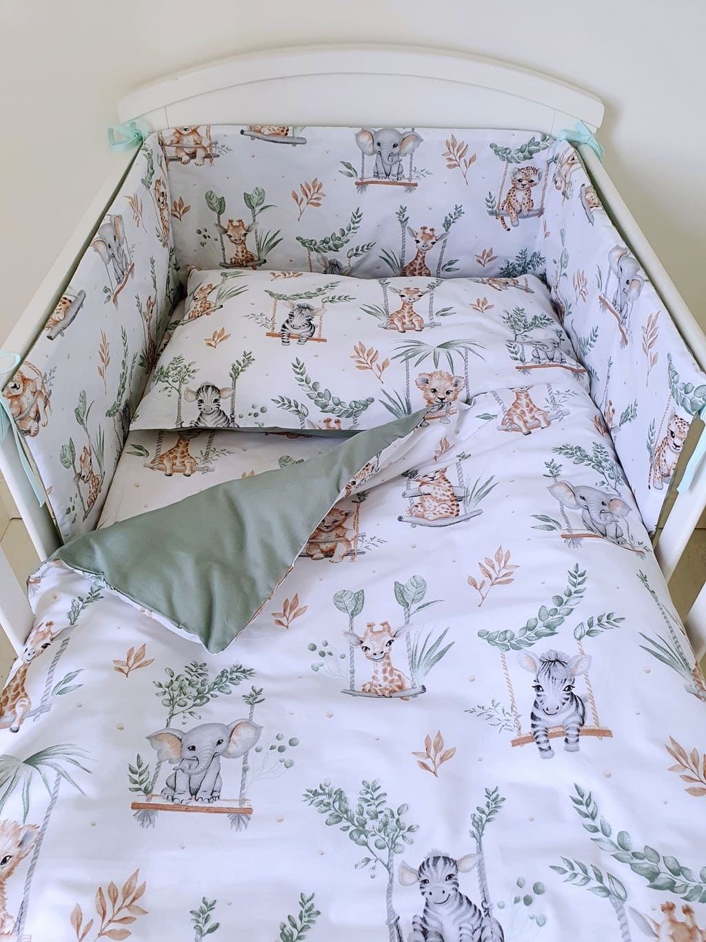 reversible cot bedding set, safari animal nursery, cot bedding with bumper, sage green nursery bedding, baby bedding for boys and girls.