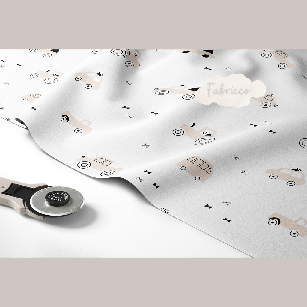 Cotton Fabric - Vroom, Vroom , Beige Green Cars