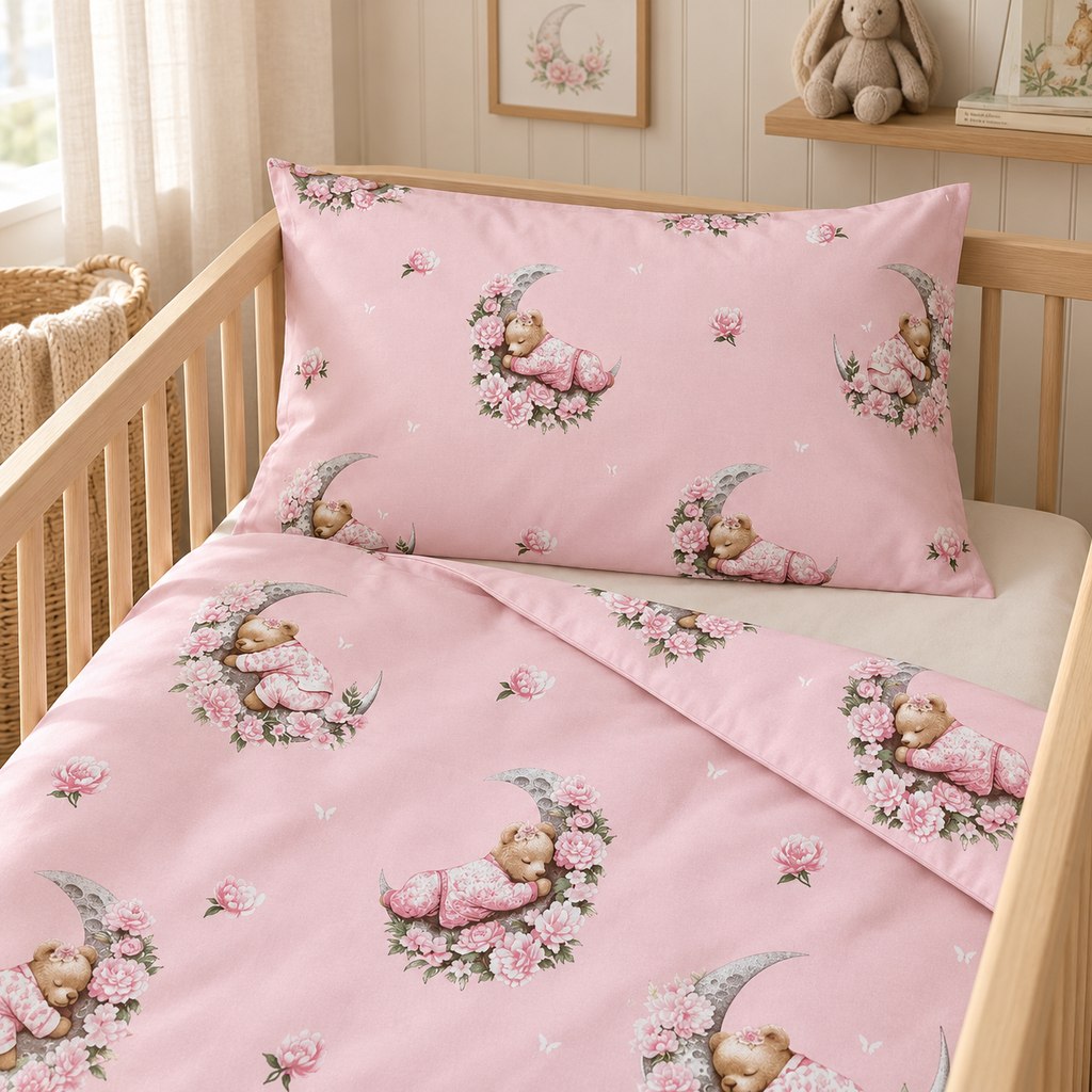 Pink Teddy Bear &amp; Moon Cot &amp; Cot Bed Bedding Set – 100% Cotton
