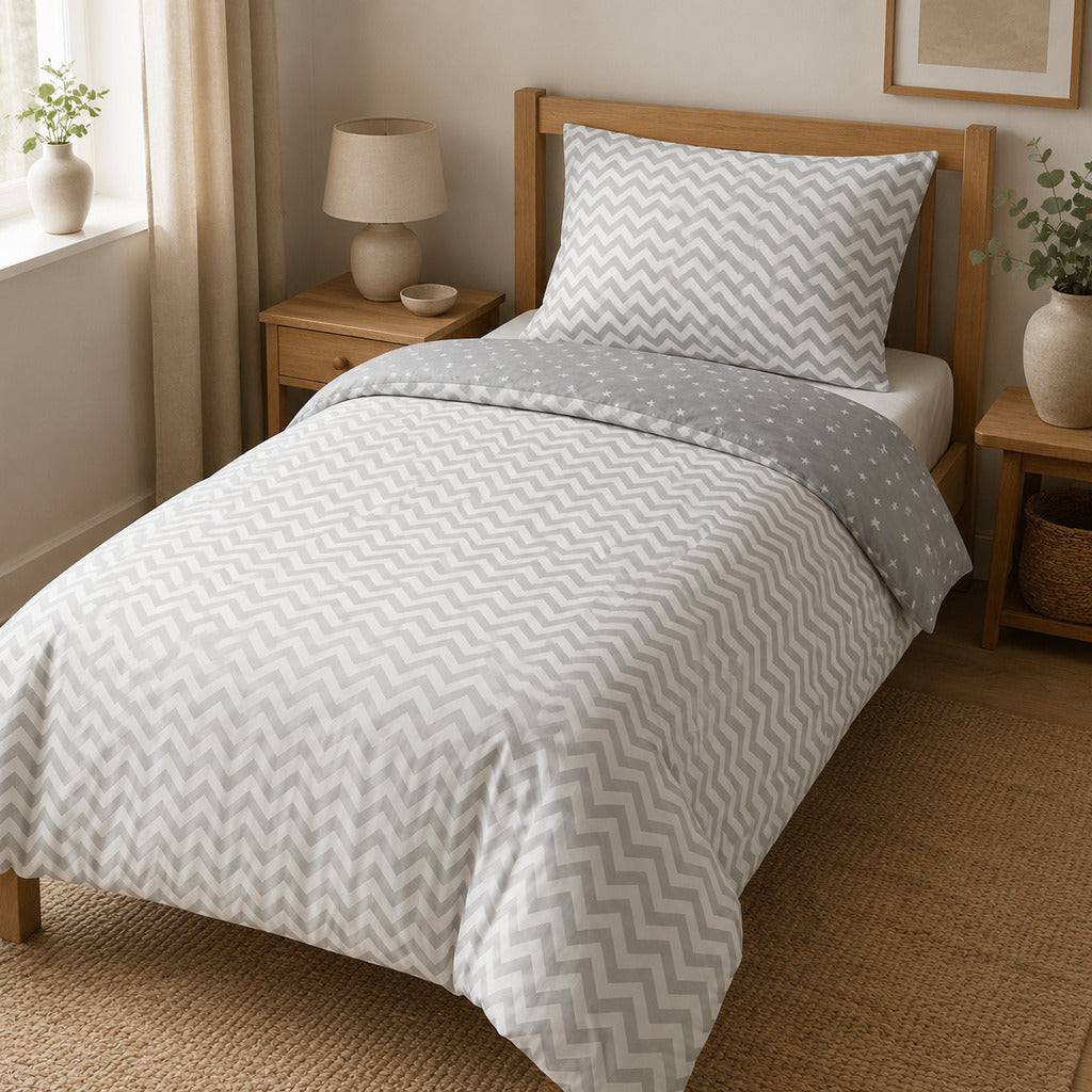 Single Duvet Cover Set – Reversible Grey Stars &amp; Chevron Bedding – 100% Cotton