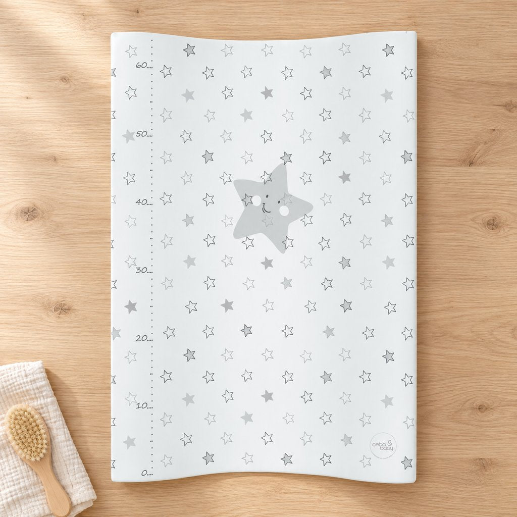 Grey and white star anti-roll baby changing mat, 50 × 70 cm, with a smiling star motif and printed measuring guide.