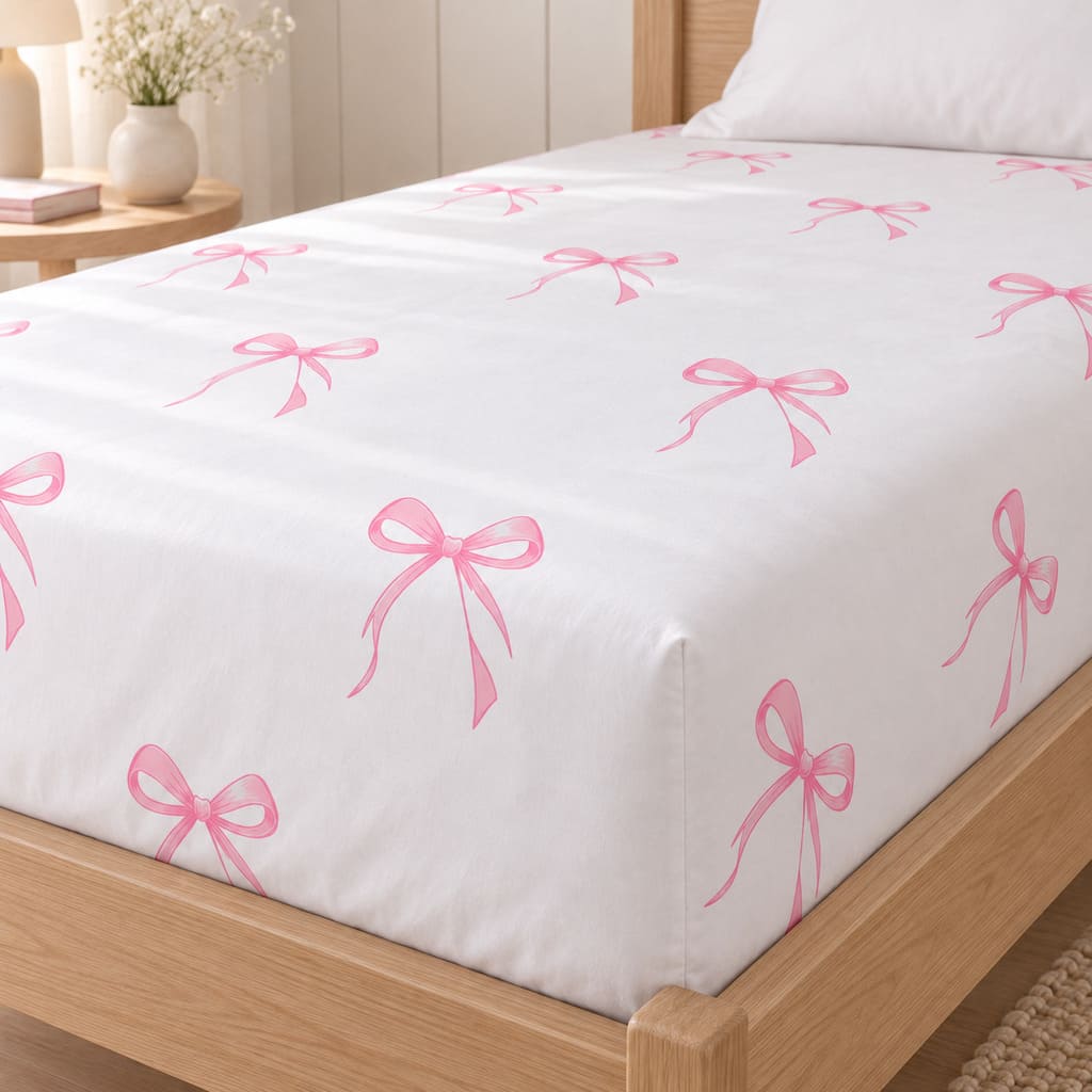 Close-up of pink bow 100% cotton single fitted sheet with a deep, fully elasticated mattress corner