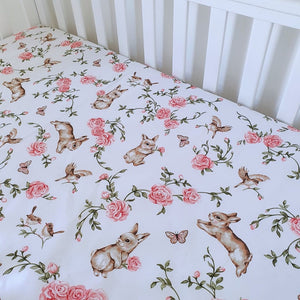 Little Bunny and Rosses  Fitted Sheet - Cot and Cot Bed, Fabricco, Baby shop Uk, pink nursery