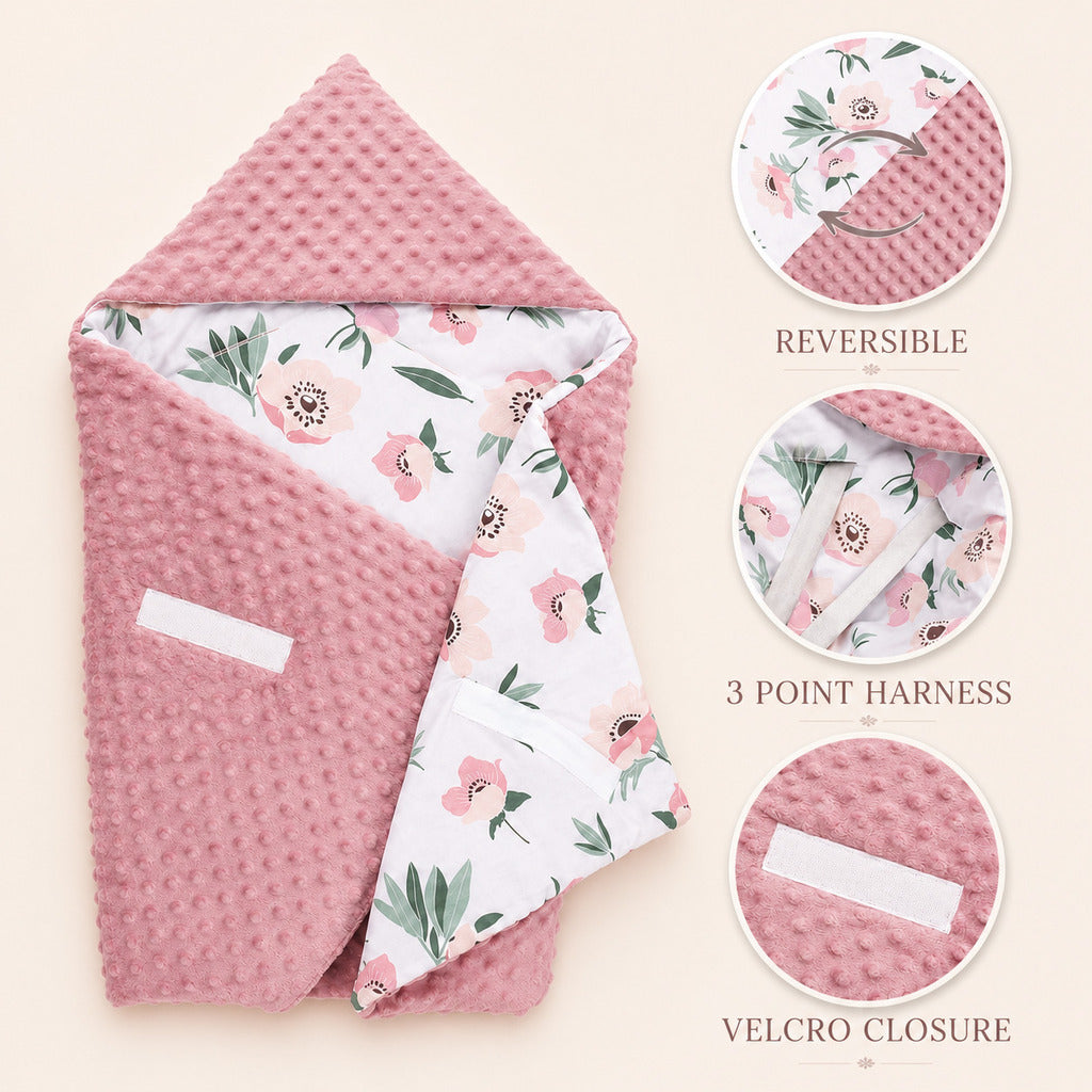 Baby Girl  Car Seat  Blanket with Hood / Wrap  - Pink Flowers