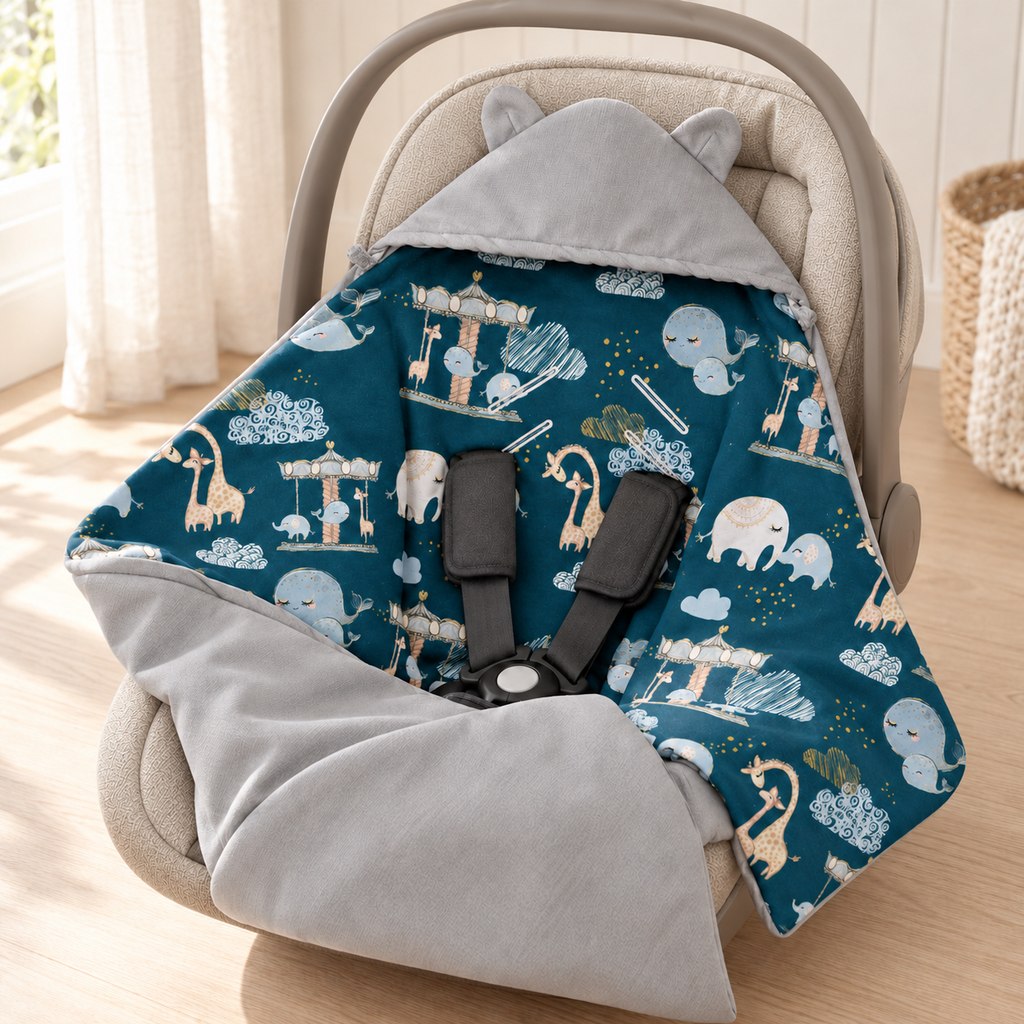 Grey hooded baby car seat blanket with teal amusement park animal lining, styled in a beige infant carrier.