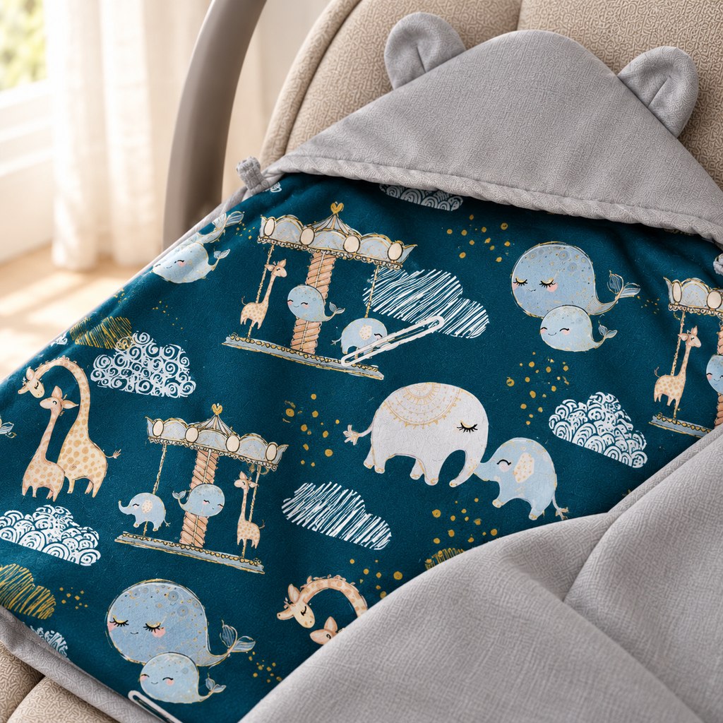 Detail of the teal baby blanket lining with illustrated elephants, giraffes, sleepy whales and amusement park carousels.