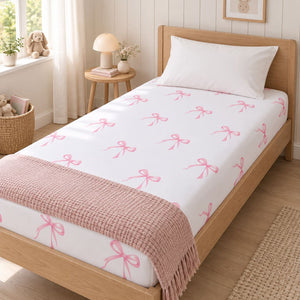 Pink Bow Single Bed Fitted Sheet – 100% Cotton