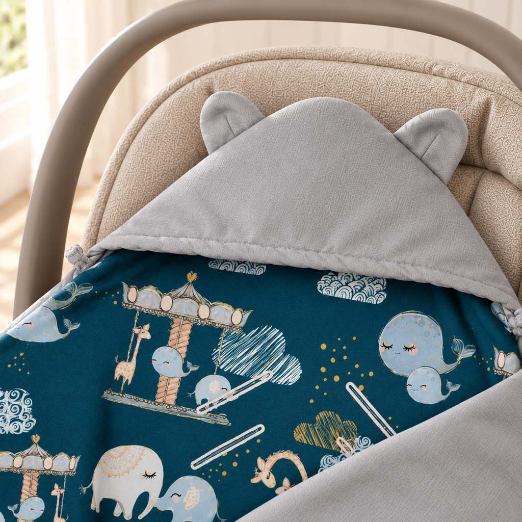 Close-up of the grey bear-ear hood and teal lining featuring whales and carousels on the Amusement Park baby wrap.