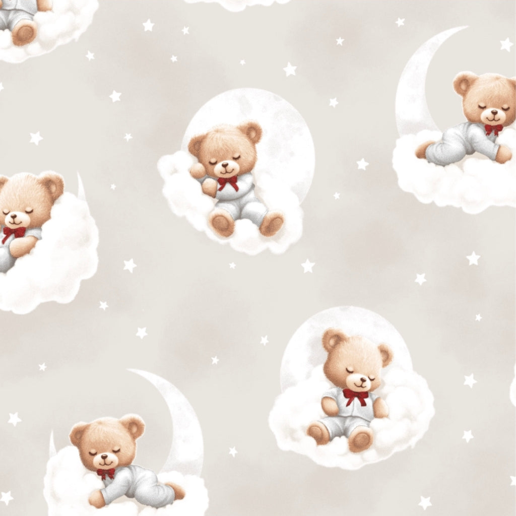 Baby cotton fabric with sleepy teddy bear print, suitable for cot sheets, fitted sheets, cushions, bunting, quilting and handmade nursery décor.