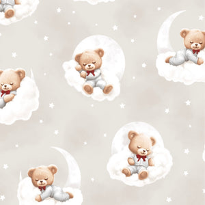 Baby cotton fabric with sleepy teddy bear print, suitable for cot sheets, fitted sheets, cushions, bunting, quilting and handmade nursery décor.