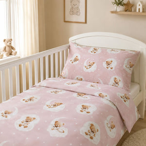 Dusty pink teddy bear cot & cot bed bedding set for baby girls. 100% OEKO-TEX® cotton with duvet cover and pillowcase. Made in the UK.