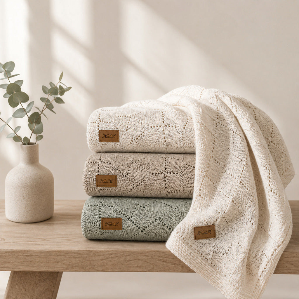 Soft bamboo and cotton nursery blankets in neutral Scandinavian tones for pram, car seat and everyday comfort