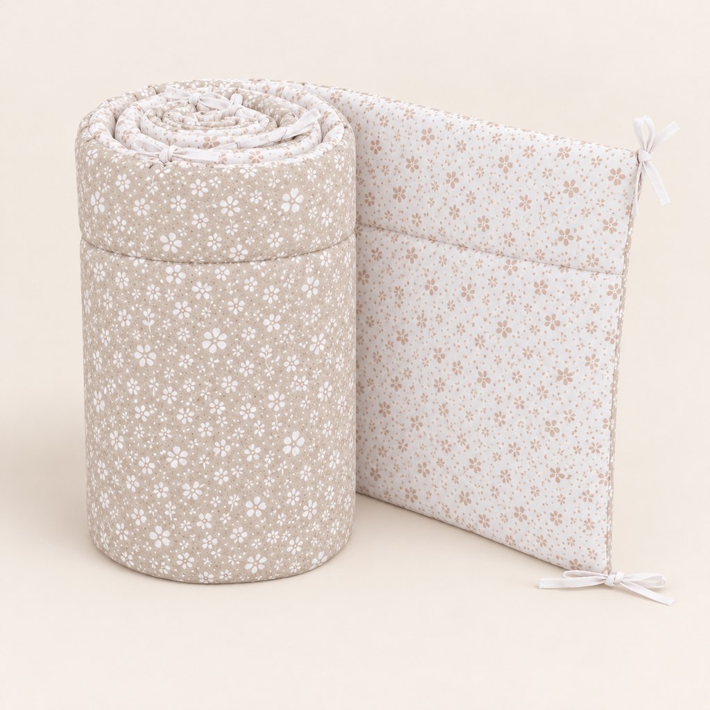 Upright rolled meadow floral cot bumper showing white flowers on light beige, beige flowers on the white reverse, quilting and white ties.