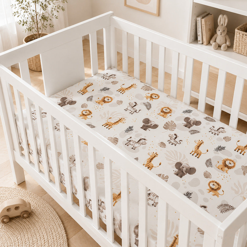 Beige Neutral Safari baby fitted sheet on cot mattress