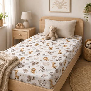 Beige Neutral Safari single bed fitted sheet in kids bedroom UK