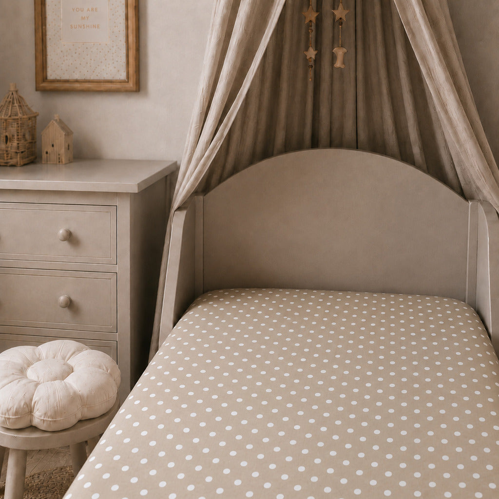 Beige polka dot single fitted sheet on a UK single bed, made from soft 100% OEKO-TEX® cotton