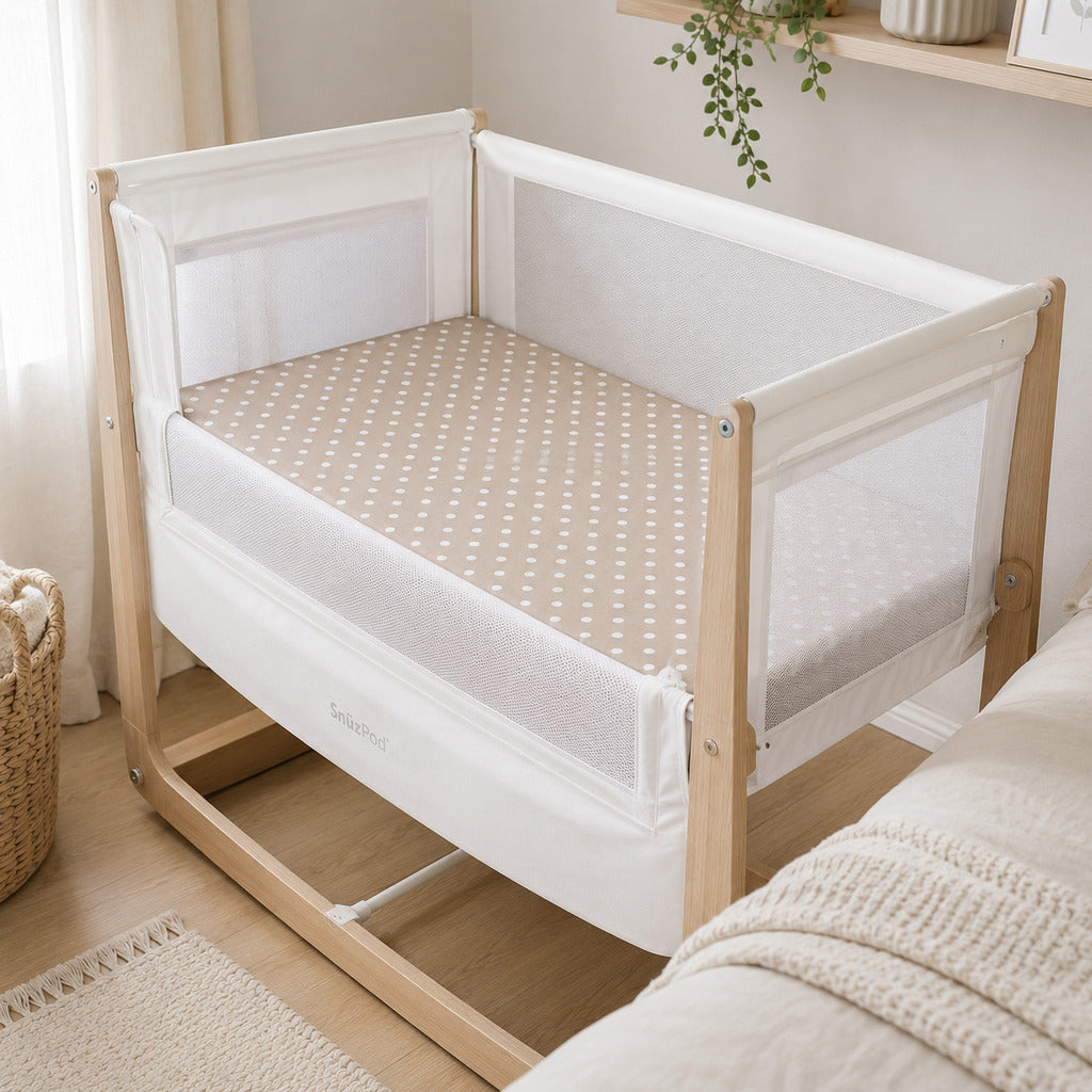 Beige polka dot SnuzPod fitted sheet in 100% cotton, handmade in the UK - Fabricco