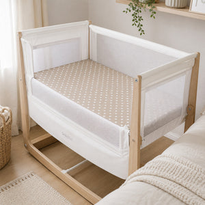 Beige polka dot SnuzPod fitted sheet in 100% cotton, handmade in the UK - Fabricco