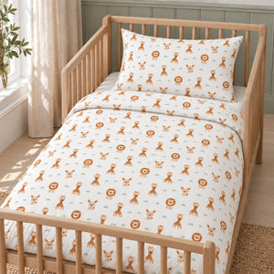 set.jpg	Beige safari animal duvet cover and matching pillowcase in a natural oak cot, with lions and giraffes on white cotton.