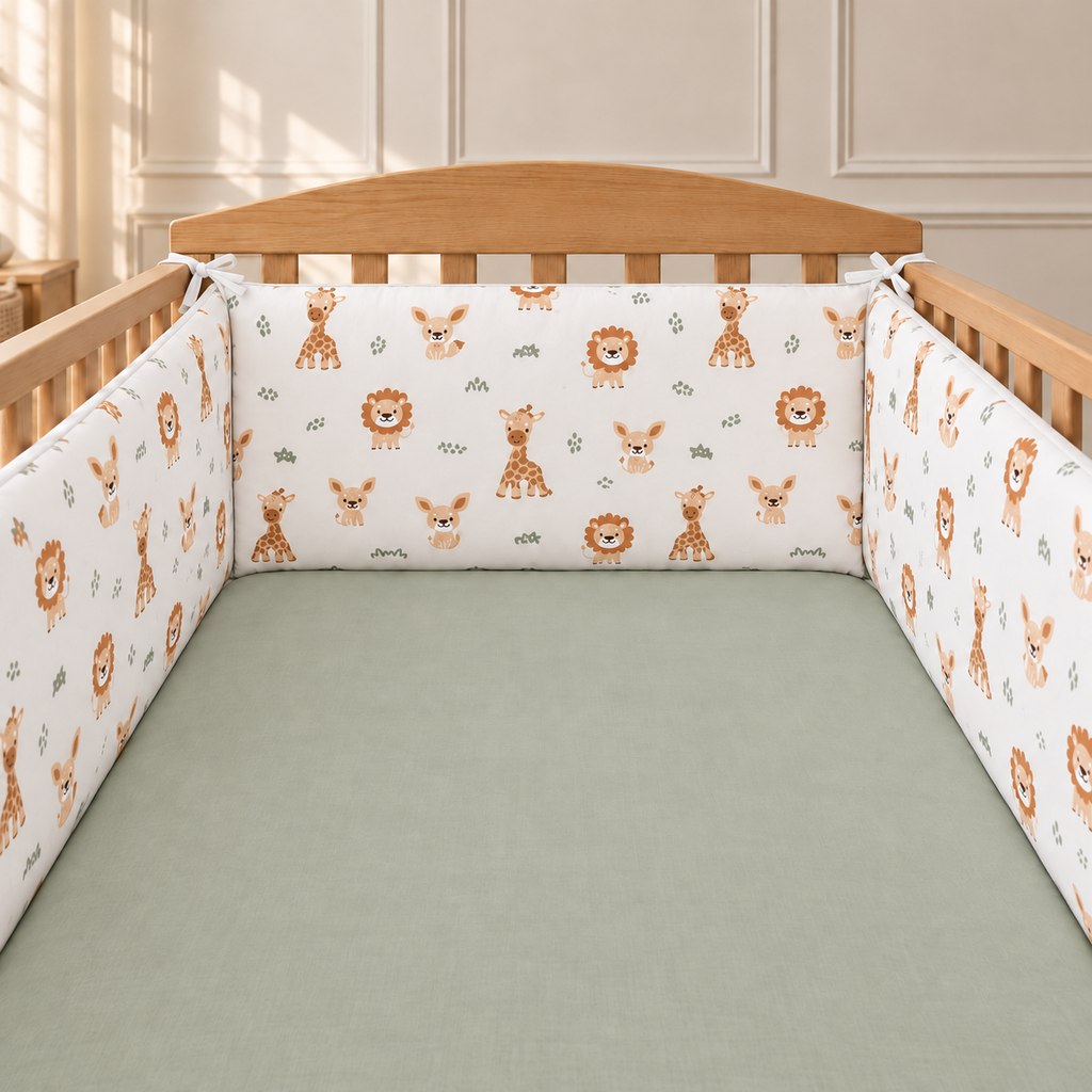 Double-sided beige safari animals cot bumper with white ties in a natural oak cot, styled with a sage green fitted sheet.