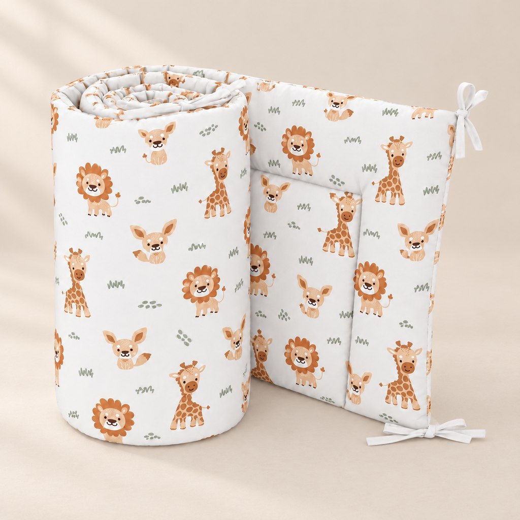 Beige safari animals cot and cot bed bumper standing partly unrolled, showing the matching animal print on both sides and white fabric ties
