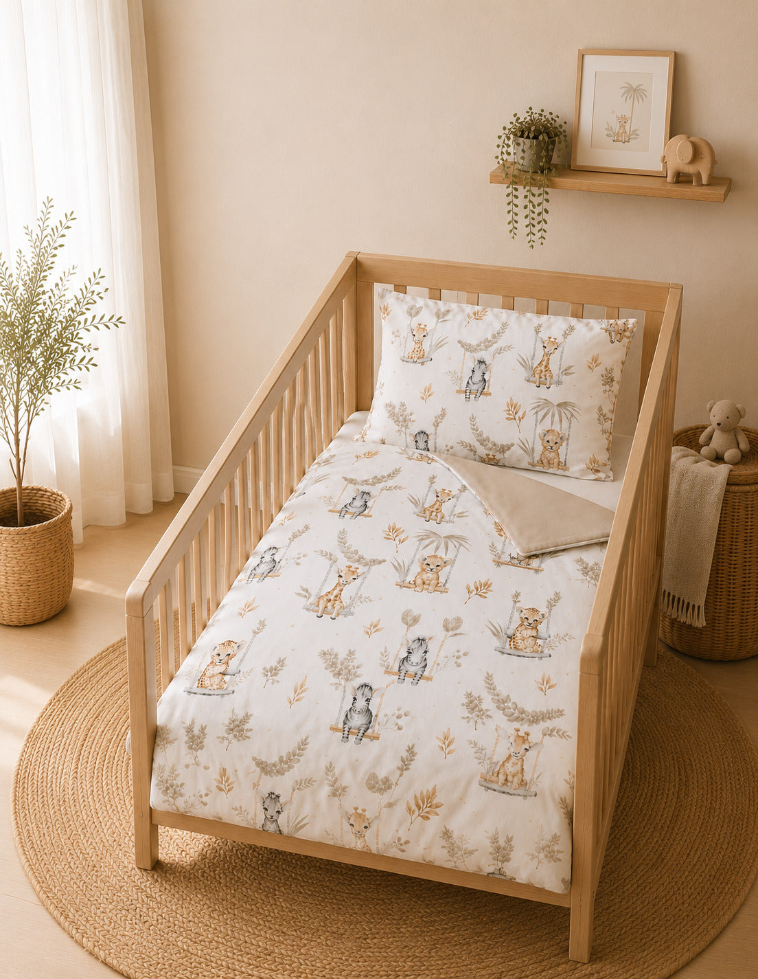 Neutral nursery with beige safari baby bedding set for cot and cot bed, featuring a soft safari animal print in warm beige tones.