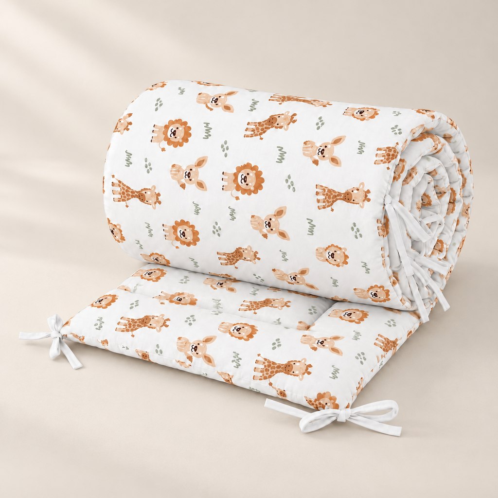 Rolled double-sided safari cot bumper with beige lions, giraffes and soft green details on white cotton, finished with white ties.