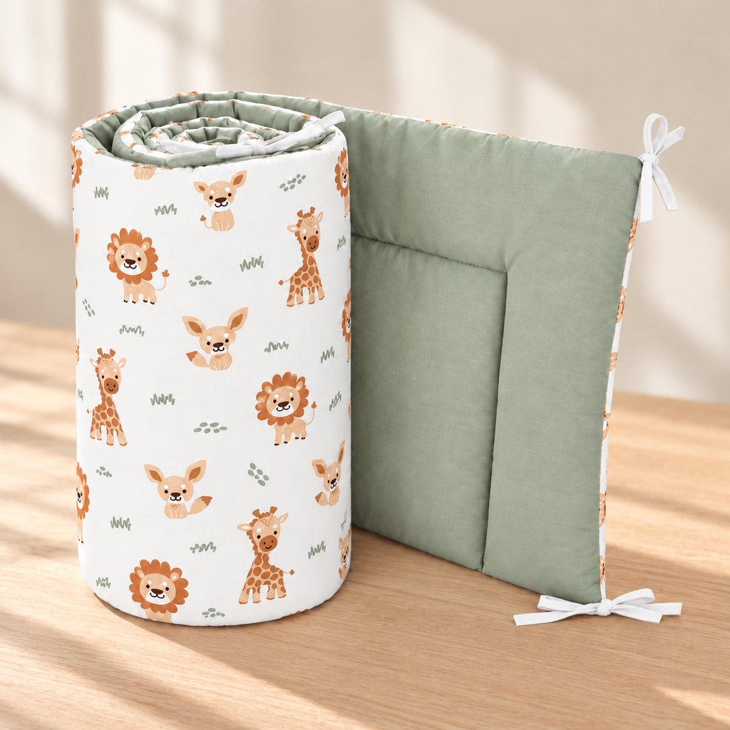 Rolled safari animals space saver cot bumper resting on its sage green reverse, with white cotton ties