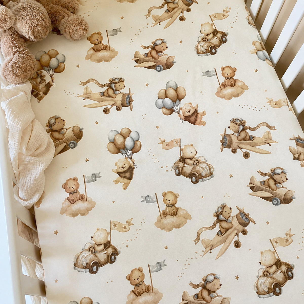 Teddy bear aviation fitted crib sheet for SnuzPod, Next2Me and bedside crib mattresses . Fabricco UK