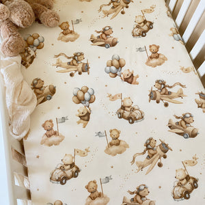 Teddy bear aviation fitted crib sheet for SnuzPod, Next2Me and bedside crib mattresses . Fabricco UK