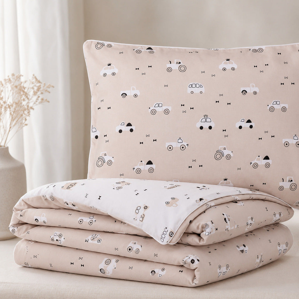 Beige cars and tractors cotton duvet cover with matching pillowcase and white piping. UK