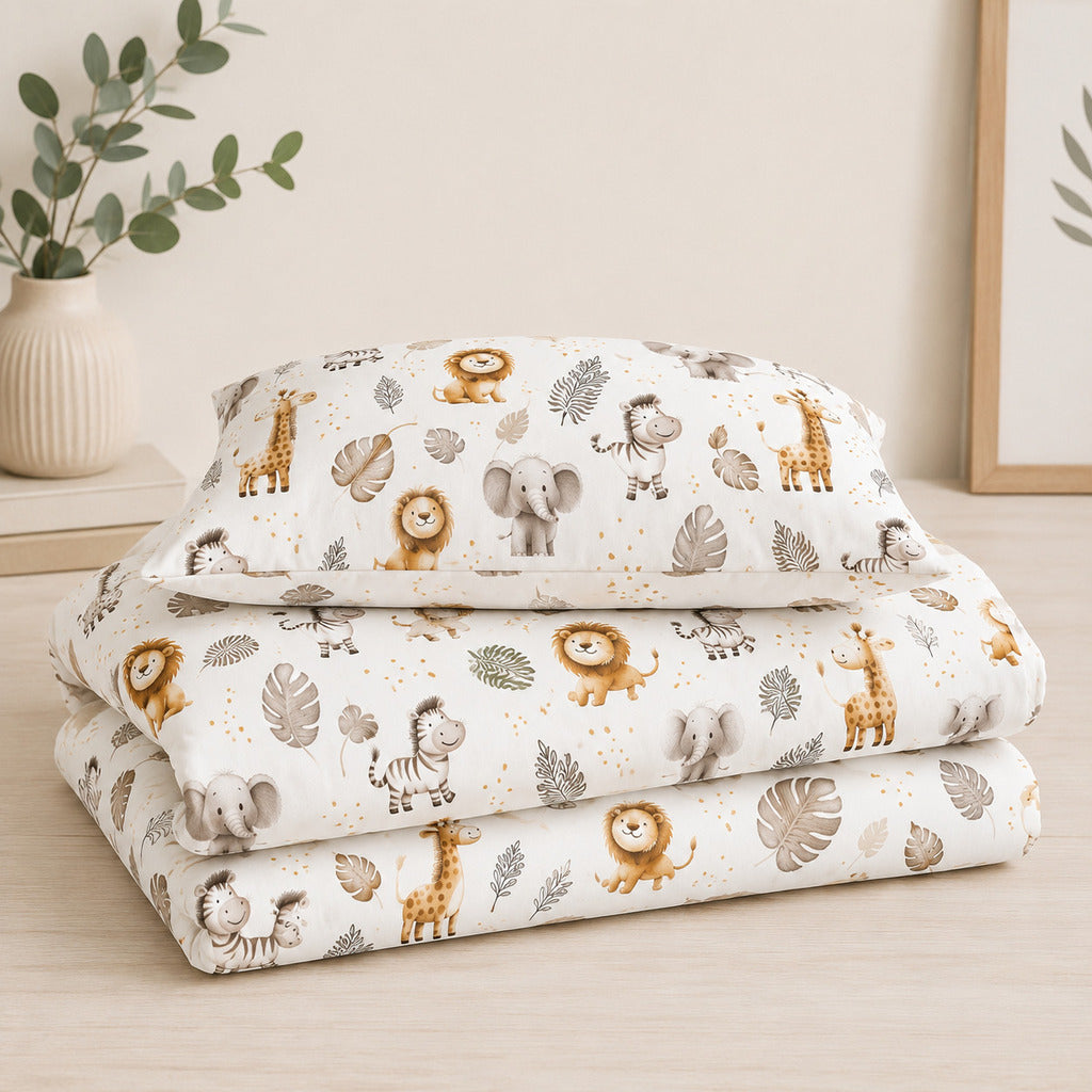Beige neutral kids safari single duvet cover set with lions giraffes elephants and zebras. Fabricco UK