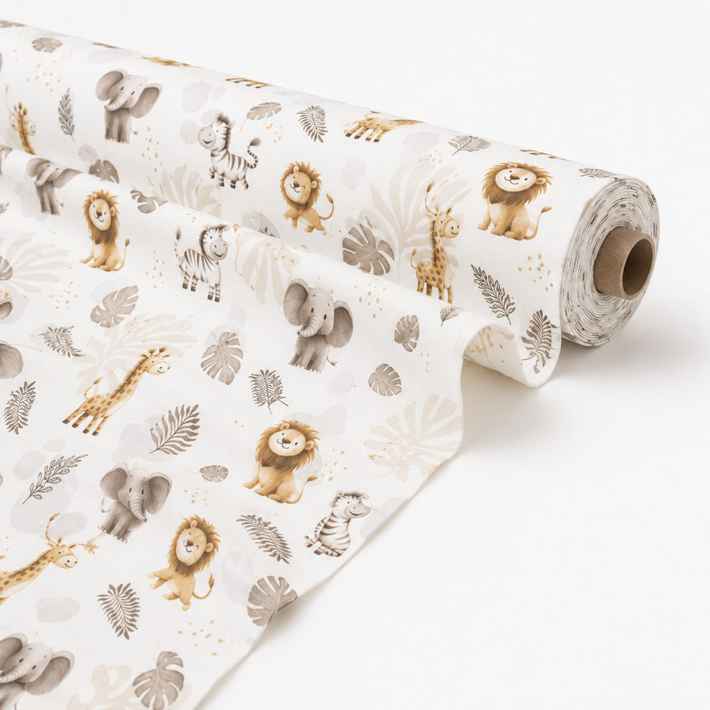 Beige safari animals cotton fabric by the metre with lions, elephants, giraffes, zebras and jungle leaves, fabric shop uk, Fabricco