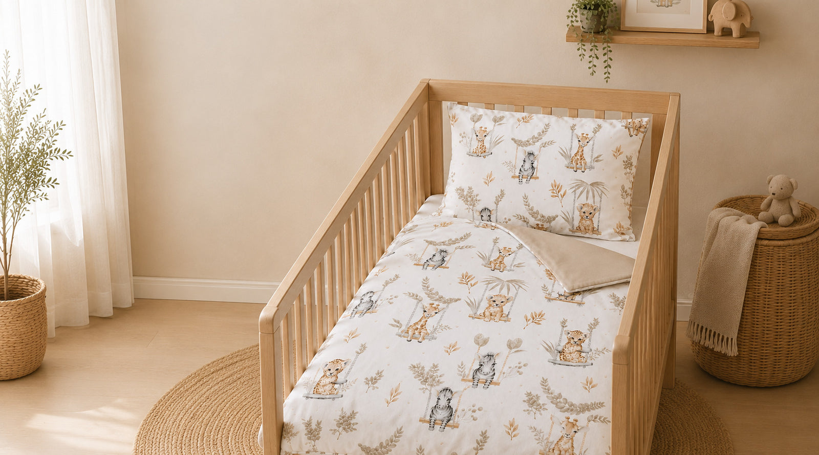 Beige safari cot and cot bed bedding set in neutral nursery UK Fabricco