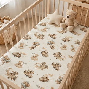 Neutral teddy bear aviation fitted sheet with planes, cars, balloons and cloud print UK