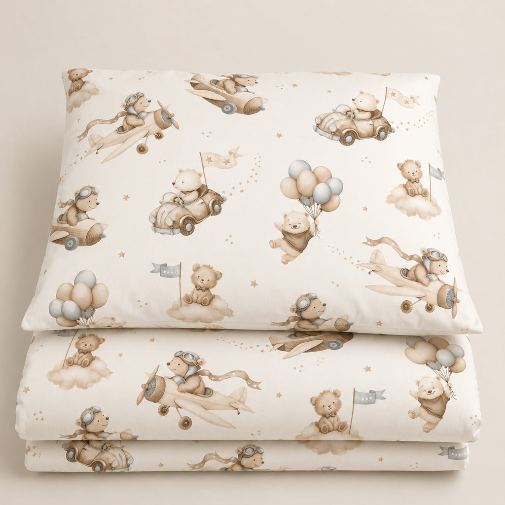 Beige teddy bear aviation cot and cot bed bedding set in OEKO-TEX cotton , Fabricco UK