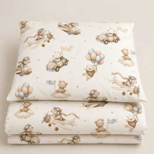 Beige teddy bear aviation cot and cot bed bedding set in OEKO-TEX cotton , Fabricco UK