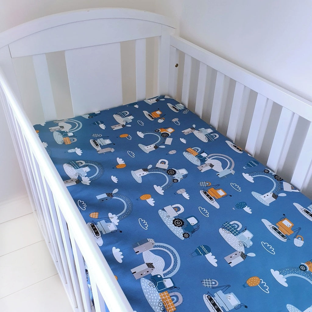 Transport Theme Baby Boy Fitted Sheet – 100% Cotton - Trucks, Tractors &amp; Diggers