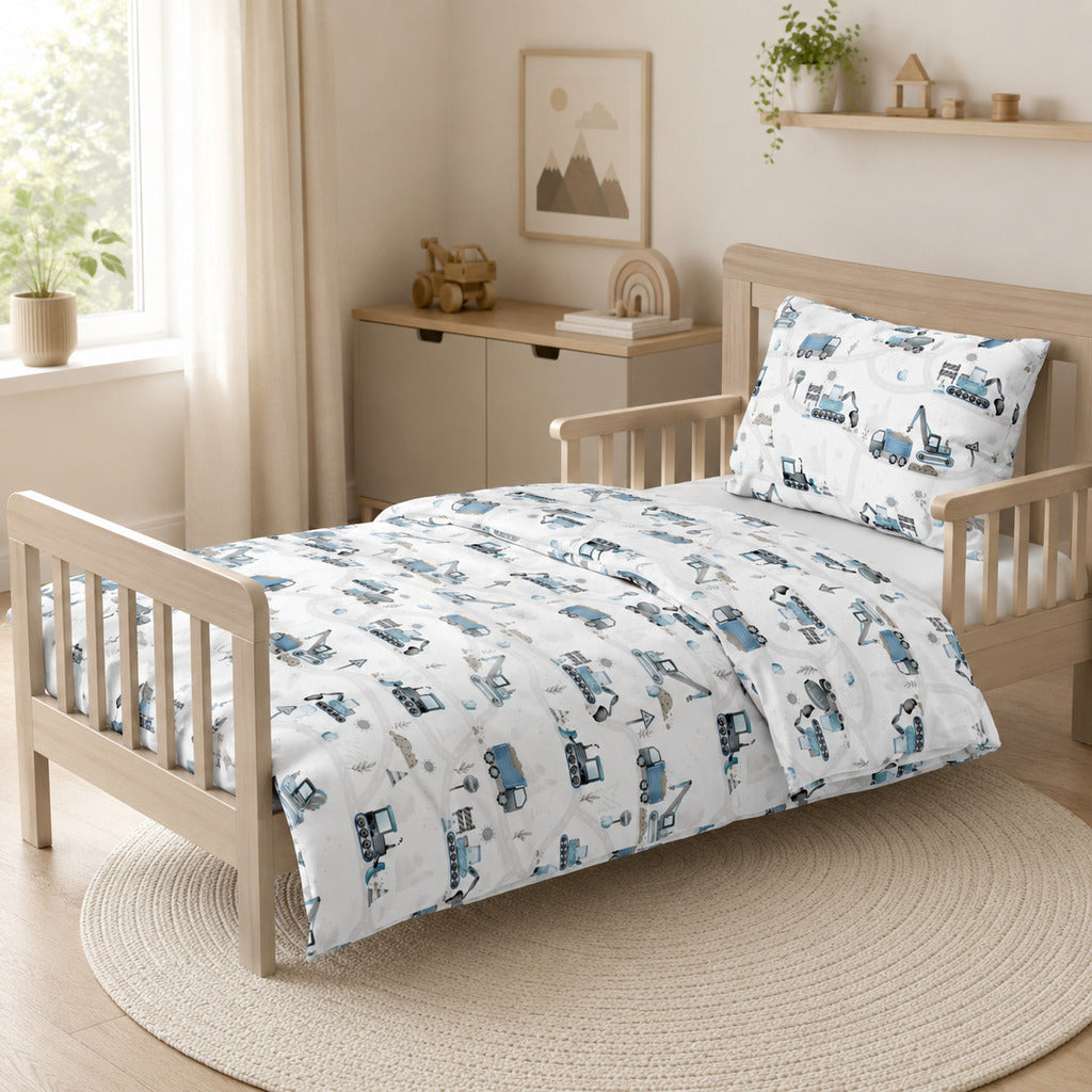 Blue construction vehicles single bedding set with diggers, trucks and cranes on a standard UK single bed. UK Fabricco