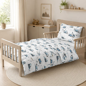 Blue construction vehicles single bedding set with diggers, trucks and cranes on a standard UK single bed. UK Fabricco