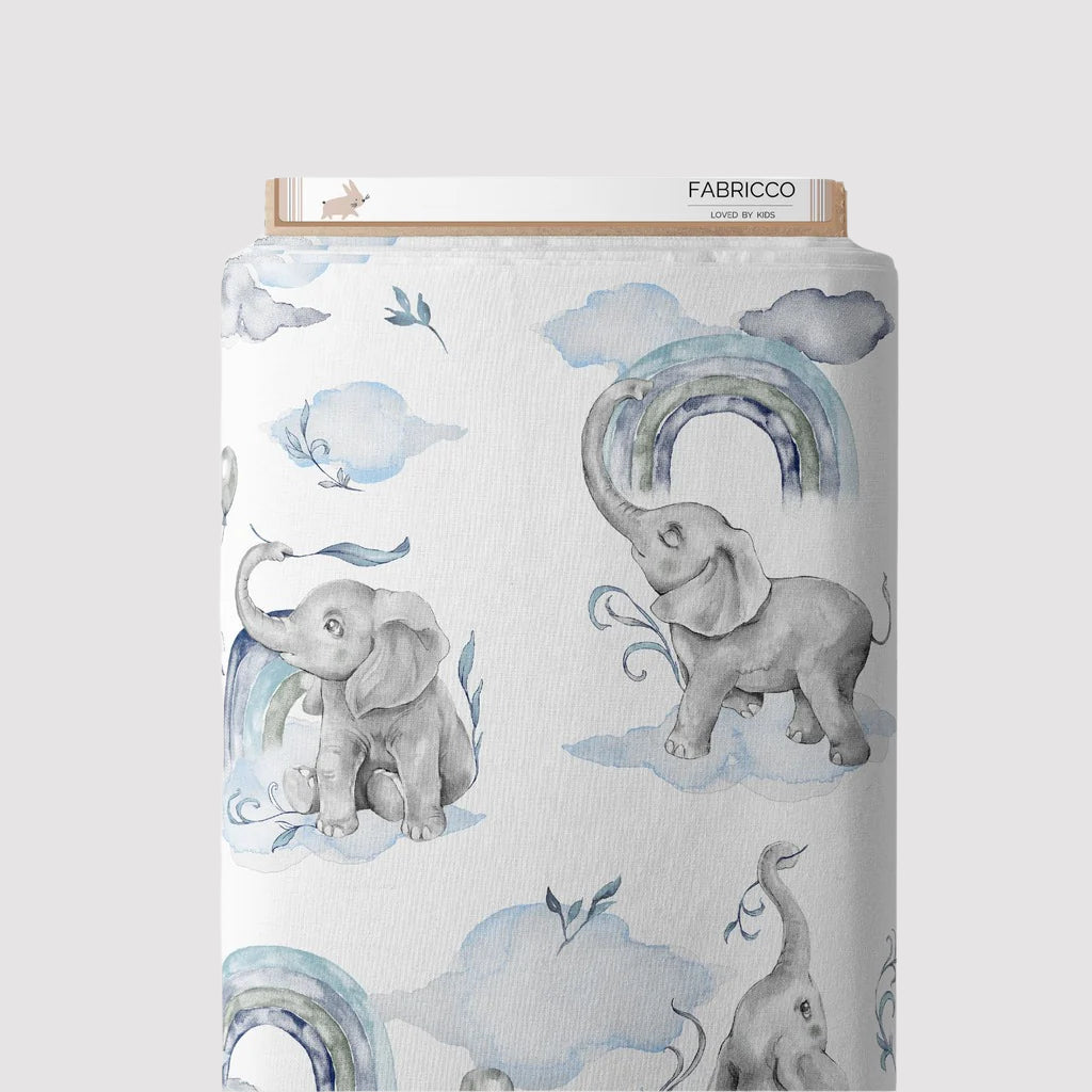 Blue Elephants &amp; Rainbow Cotton Fabric – A Delightful Choice for a Safari Nursery, fabric shop uk