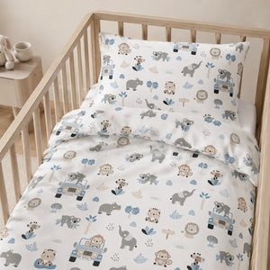 Close-up of the blue safari baby bedding set showing the matching pillowcase and duvet cover with elephants, lions, giraffes and safari jeeps.