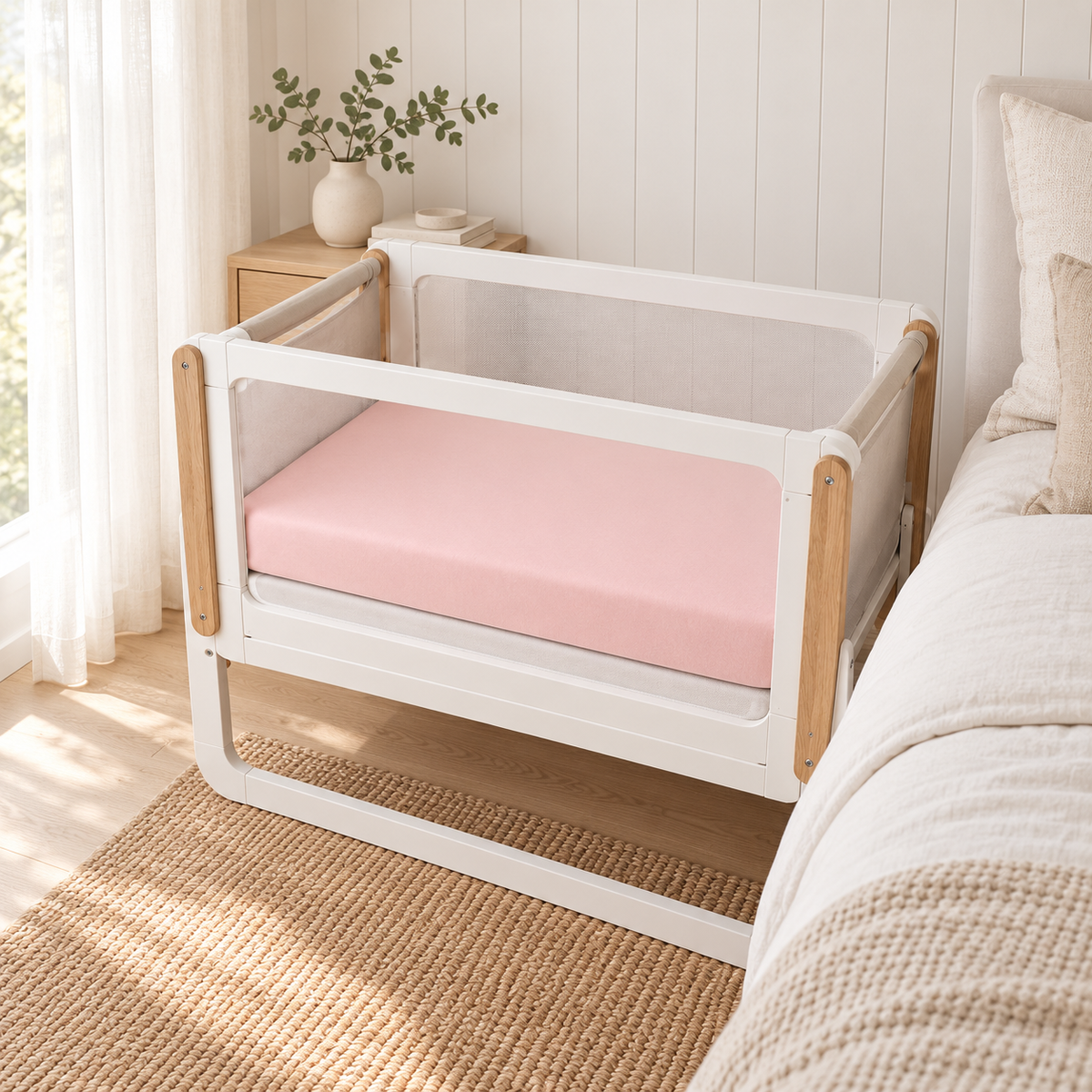 Blush pink SnuzPod fitted sheet in a Scandinavian nursery, handmade in the UK from 100% OEKO-TEX cotton