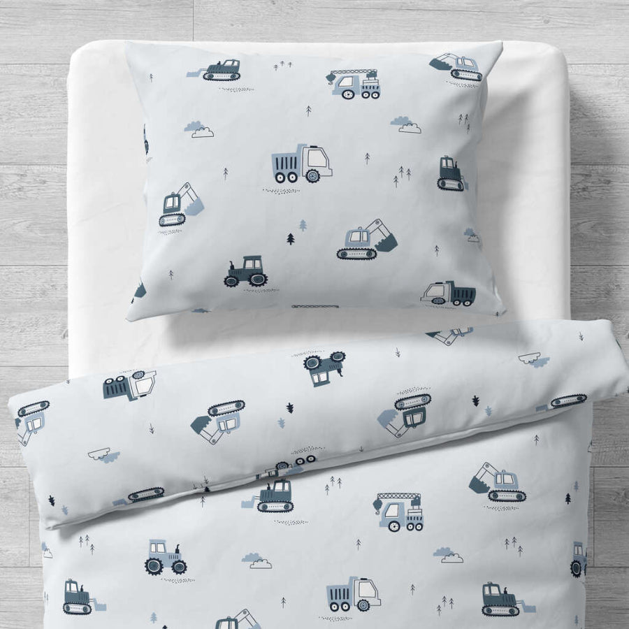  single duvet cover, handcrafted cotton bedding, construction duvet set, summer bedding UK, digger bed set, truck bedding for boys