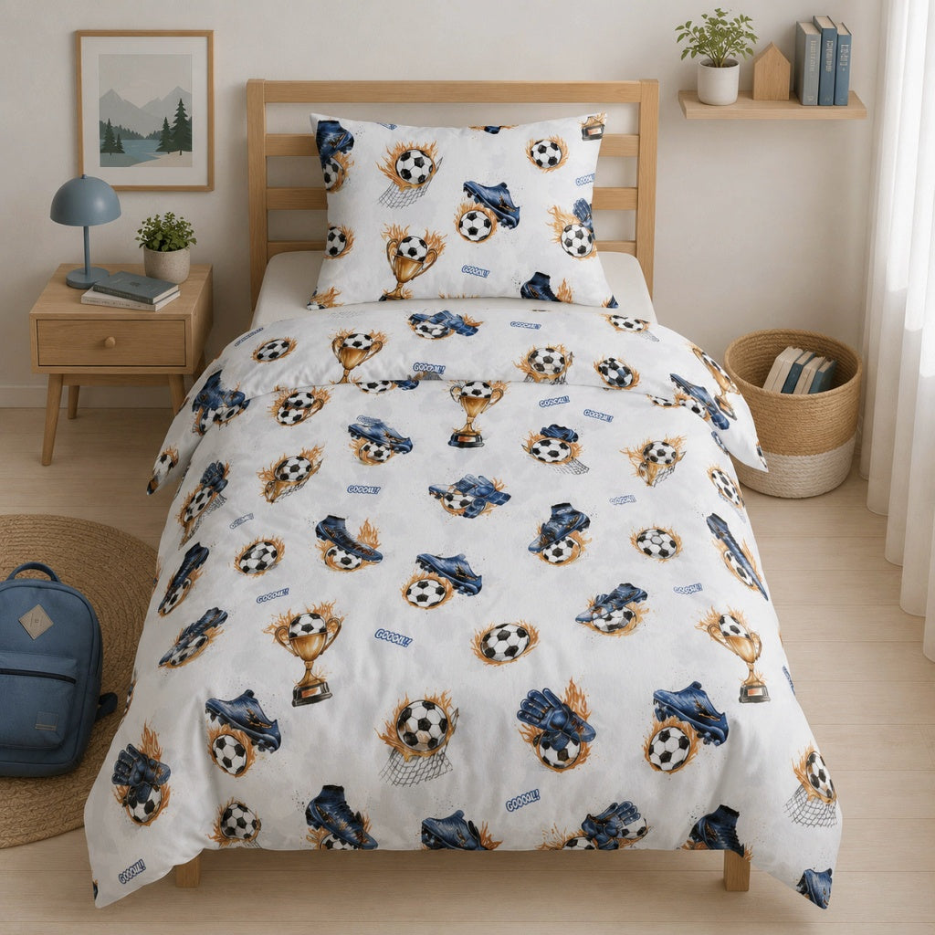 Boys football duvet cover set single bed white cotton bedding with soccer trophy print, Kids Bedding UK