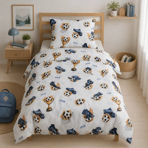 Boys football duvet cover set single bed white cotton bedding with soccer trophy print, Kids Bedding UK